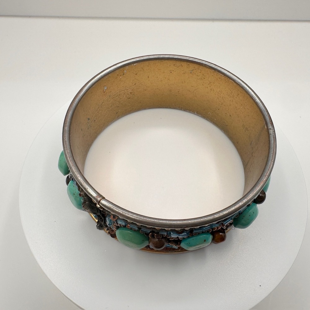Vintage 90s Mixed Media Bangle Bracelet Turquoise Tiger Eye Glass Beaded Boho - Picture 10 of 12